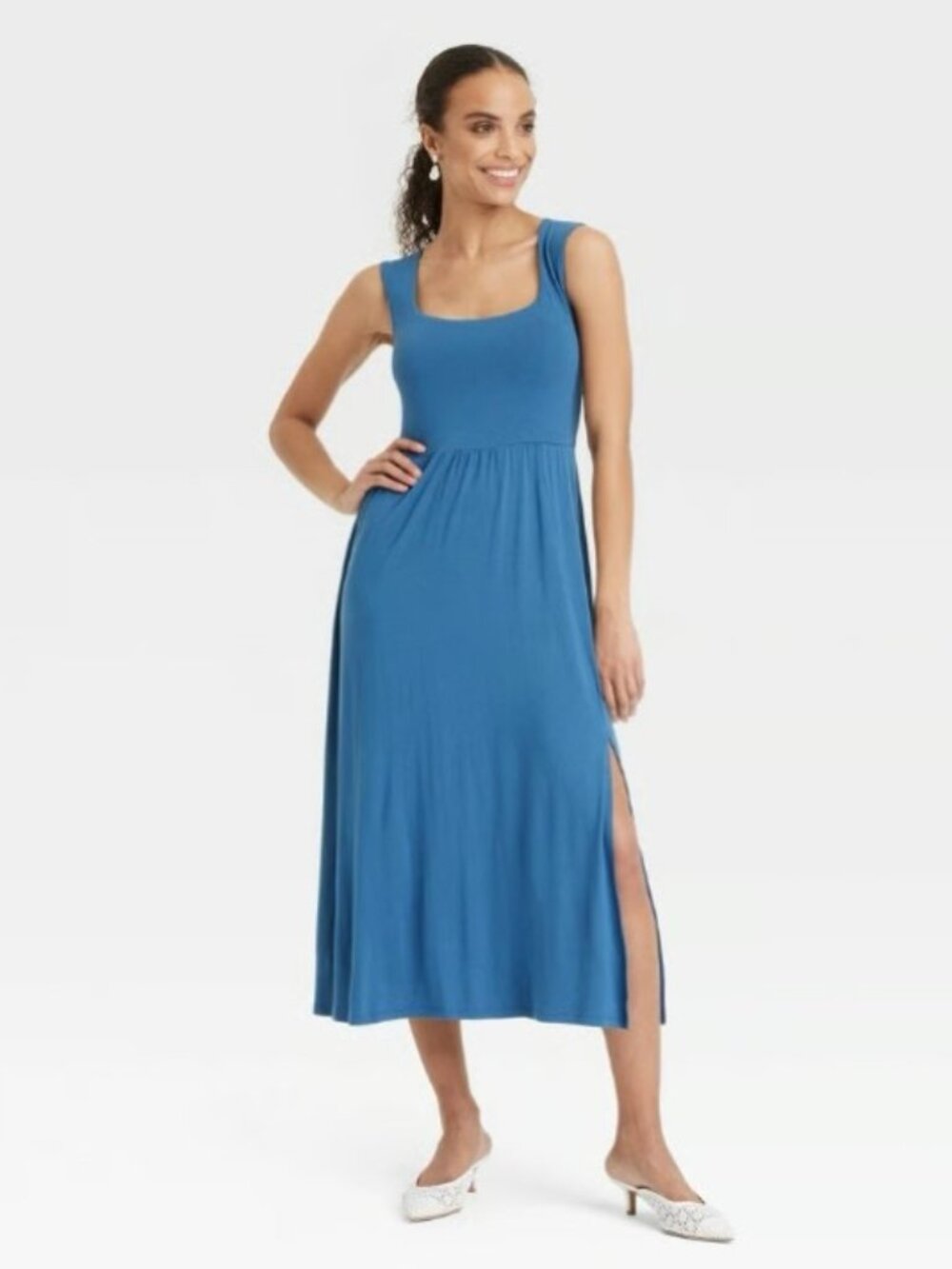 A New Day Blue Sleeveless Square Neck Slit Rayon Spandex Midi 2X NWT